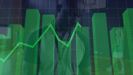 Coach guiding team on basketball court, highlighting sports analytics with green bar chart overlay - Powered by Adobe