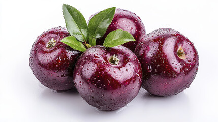 Obraz premium Fresh, juicy apples with droplets of water and green leaves, showcasing vibrant colors and natural beauty