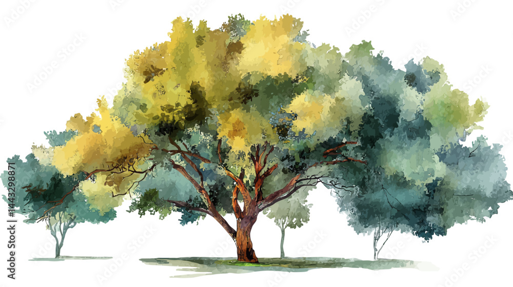 Poster abstract vector watercolor tree side view isolated on white background for landscape and architectur