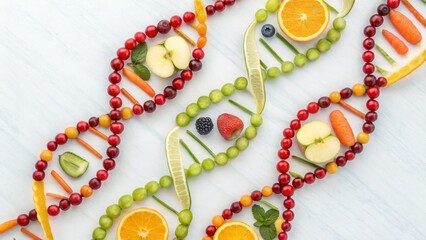 Health, immunity and routine concept. Colorful DNA strands made of fruits and vegetables.