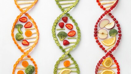 Health, immunity and routine concept. Colorful DNA strands made of fruits and vegetables arranged artistically.