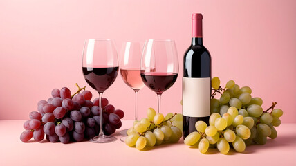 Mockup of a red wine bottle, glasses and ripe grapes