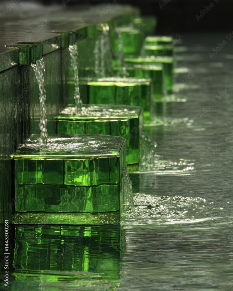 Poster serene green glass waterfall cascade with water flowing over geometric cubes creating a tranquil sce