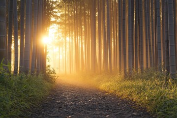 Obraz premium Sunlight streams through a bamboo forest, illuminating a pathway Golden light filters through tall bamboo stalks, creating a mystical atmosphere A dirt path winds into the distance