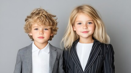 Two children in business suits, looking directly at camera