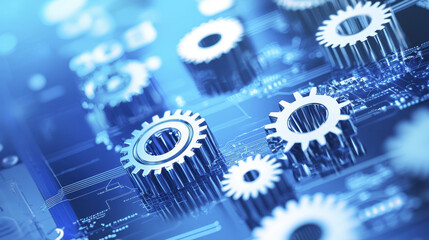 close up view of metallic gears on blue digital background, symbolizing technology and engineering innovation