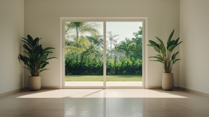 Fototapeta premium Serene Interior Space with Large Glass Door Opening to Lush Green Landscape and Potted Plants in Bright Room