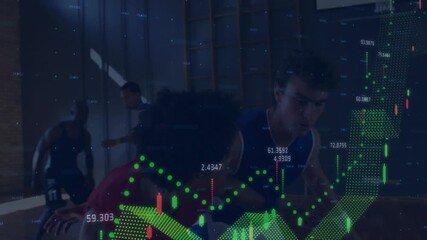 Two players running wooden basketball court, showing finance data overlay with candlestick charts - Powered by Adobe