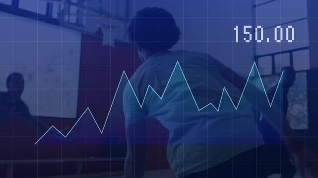 Team playing basketball on gym court, showing sports analytics grid with line graph overlay - Powered by Adobe
