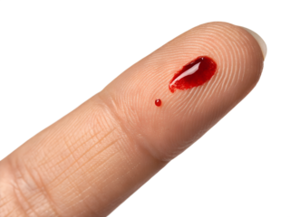 Close up of a fingertip with a drop of blood isolated on black background showing detail of skin texture and a small cut