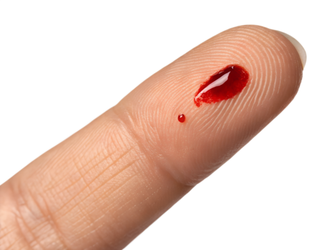 Close up of a fingertip with a drop of blood isolated on black background showing detail of skin texture and a small cut - Powered by Adobe