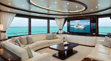 Fototapeta premium Opulent Yacht Interior Featuring Luxurious Seating and Scenic Ocean Views Through Wide Windows in Daylight