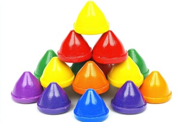 Colorful cone-shaped crayons arranged in a pyramid