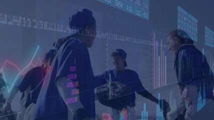 six female baseball players celebrating on field, displaying floating finance charts and stock data - Powered by Adobe