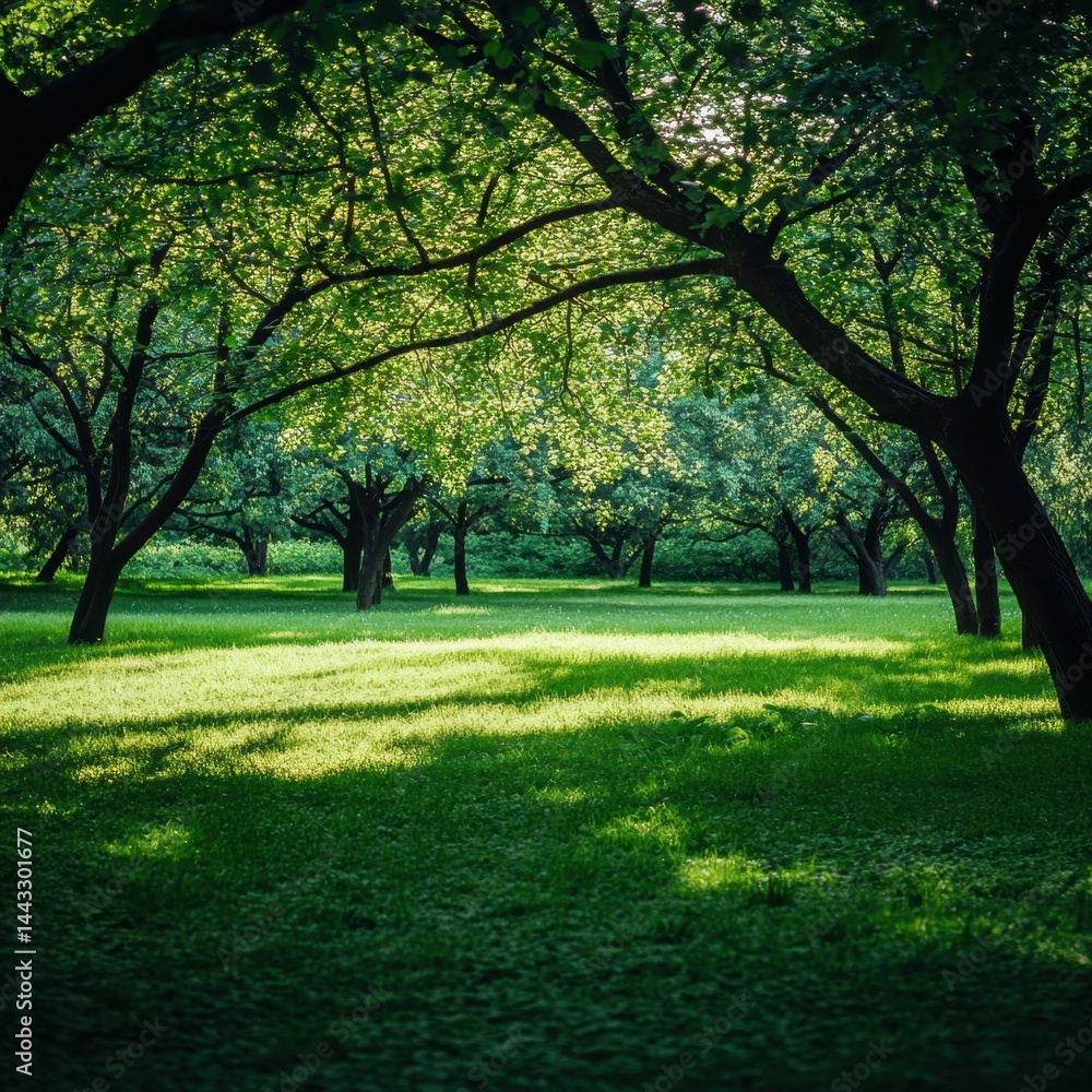 Poster serene park scene with lush green grass and dappled sunlight filtering through the trees creating a 