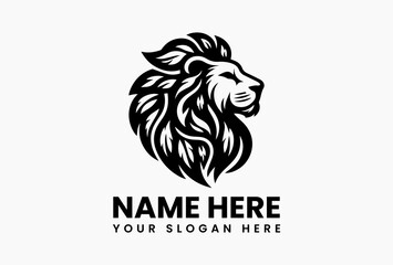 Majestic lion face silhouette with a mane crafted from tropical leaves, eco-conscious wildlife emblem