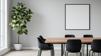 Modern conference room with empty wall space, stylish furniture, and decorative plant in minimalist interior design