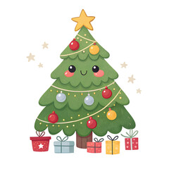 Adorable Cartoon Christmas Tree with Presents and Stars Festive Holiday Illustration