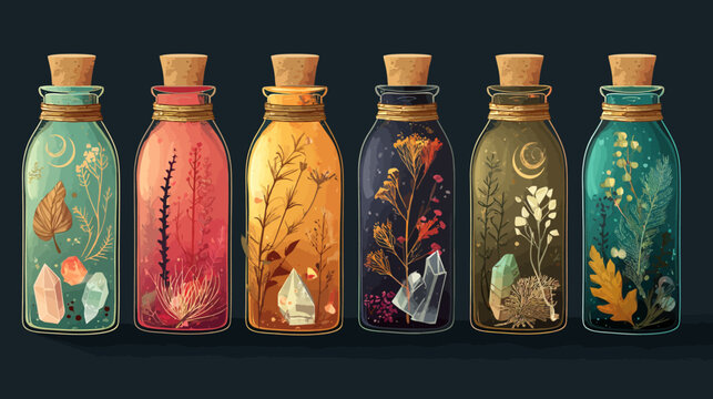 Magic potion bottle vector, vintage witch alchemy set with crystals and plants, Halloween potion collection   -  