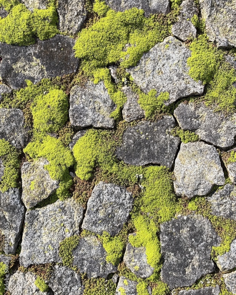 Poster textured stone wall adorned with vibrant green moss creating a natural tapestry capturing the rustic