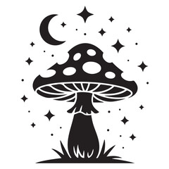 Magic mushroom with moon and stars set. Vector silhouette, black line contour drawing celestial fungus collection. Vector Black silhouettes. with white background