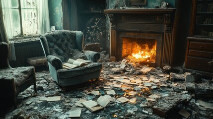 Abandoned room, fire damage, scattered books