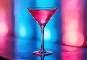 a vibrant pink cocktail in a martini glass reflects on a glossy surface against a blurred neon blue and pink backdrop.