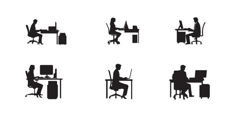 Modern Workspace Silhouettes: A series of six minimalist silhouettes captures the essence of modern office life, showcasing individuals engaged in focused work at their desks, embodying productivity.