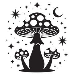 Magic mushroom with moon and stars set. Vector silhouette, black line contour drawing celestial fungus collection. Vector Black silhouettes. with white background