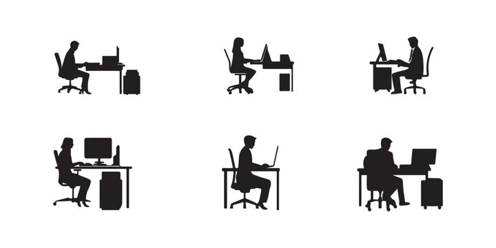 Modern Workspace Silhouettes: A series of six minimalist silhouettes captures the essence of modern office life, showcasing individuals engaged in focused work at their desks, embodying productivity.