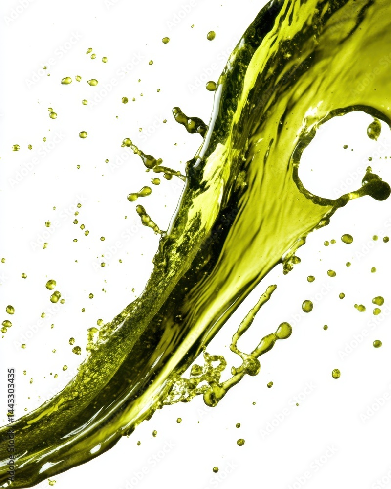 Poster dynamic splash of olive oil against a pristine white backdrop creating a visually striking compositi