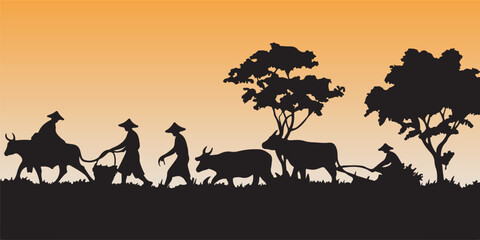 Rural life: A stylized illustration of rural life showcases individuals working the land alongside their livestock in a scenic rural landscape, evoking a sense of traditional agriculture.