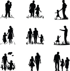 Obraz premium Family Men Silhouette Set | Father and Male Figures Vector Icons Man with Family Silhouette | Fatherhood Vector Illustration Pack