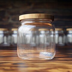 Clear glass jar with a wooden lid on a rustic wooden table, creating an inviting and cozy atmosphere.