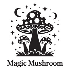 Magic mushroom with moon and stars set. Vector silhouette, black line contour drawing celestial fungus collection. Vector Black silhouettes. with white background