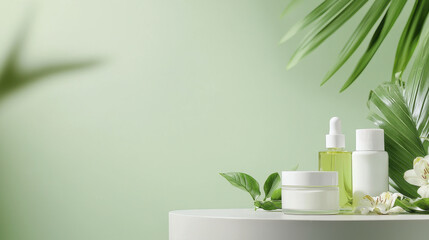Elegant display of skincare products on round table, featuring green background and tropical leaves, evoking fresh and natural vibe