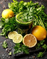 Green health drink surrounded by lemon, limes, and parsley on dark backdrop