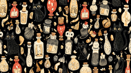 Potion alchemy pattern, Halloween magic bottles with cats and shells, occult background   -  