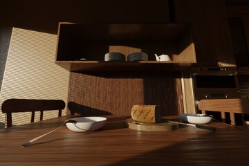 A set table with plates and bread, a cozy home interior with soft lighting.