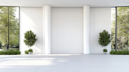 Obraz premium Modern, minimalist, bright, spacious lobby with large windows showcasing lush greenery