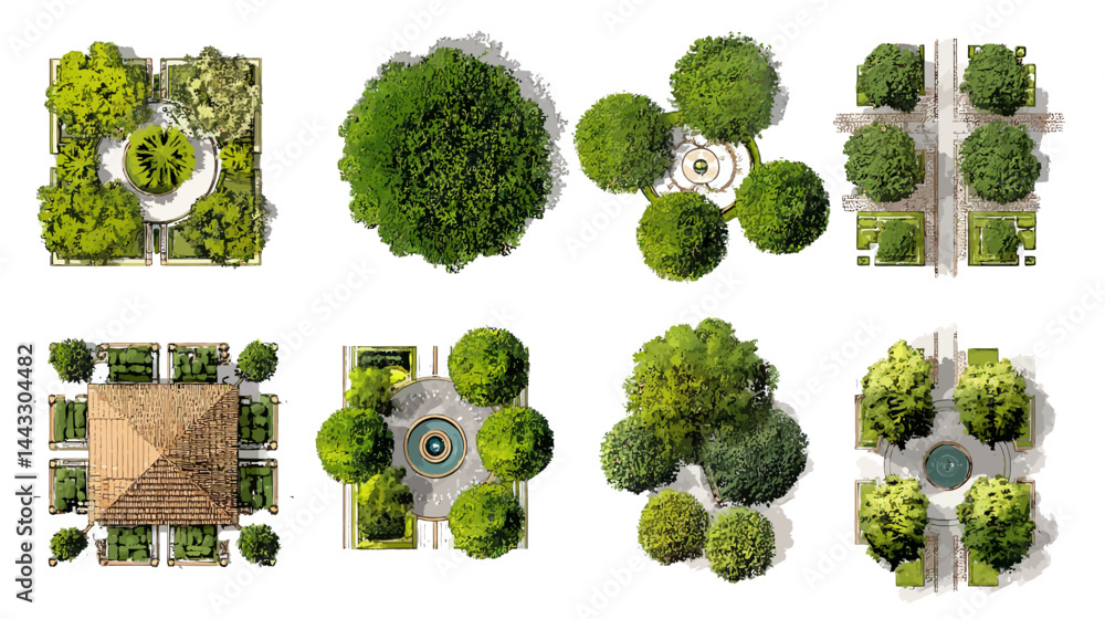 Poster set of abstract tree top view for landscape plan and architecture layout -