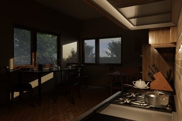Kitchen interior with a set table: teapot, cups and morning light. Warm and cozy atmosphere.