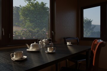 Modern kitchen interior with a set table: teapot, cups and morning light. Warm and cozy atmosphere.