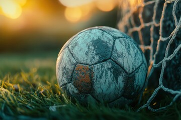 Fototapeta premium A weathered soccer ball sits in the goal, illuminated by the warm glow of sunset, evoking a sense of nostalgia.