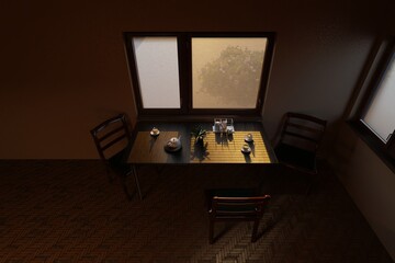 A dark wooden table set with cups of tea, a teapot and a small plant composition, illuminated by soft morning light through the blinds.
