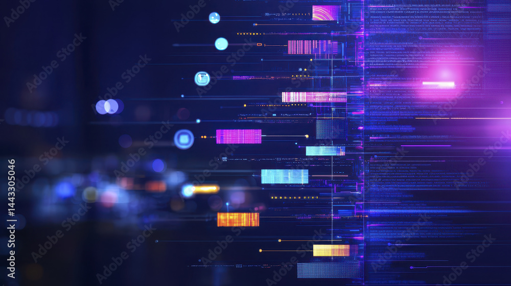 Poster futuristic digital data visualization with vibrant colors and abstract lines representing technology