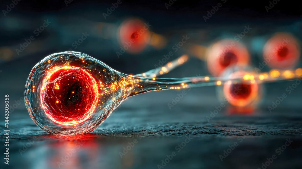 Poster glowing red biological cell connected to neural network strands, macro visualization of microscopic 