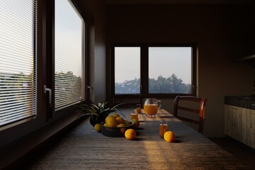 Minimalist kitchen with a wooden table, oranges, and fresh juice in the morning light