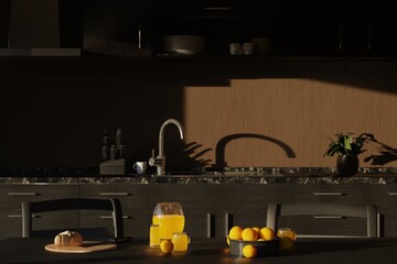 Bright morning table setting with orange juice and fresh fruit on wooden kitchen countertop.