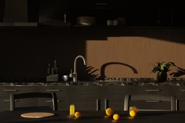 Bright morning table setting with orange juice, fresh fruit and bun on wooden kitchen countertop.